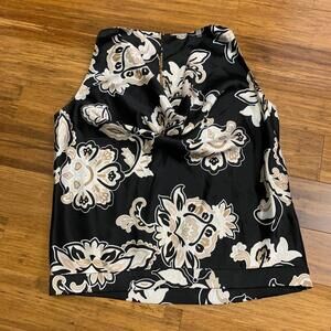 Elie Tahari Floral Print Top Sleeveless Blouse Cowl Neck Black Beige Size XS
